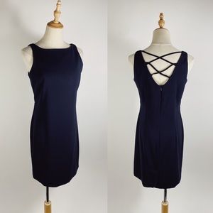 VINTAGE Strappy Back Boatneck Black Stretch Crepe Sleeveless Sheath Dress 4P